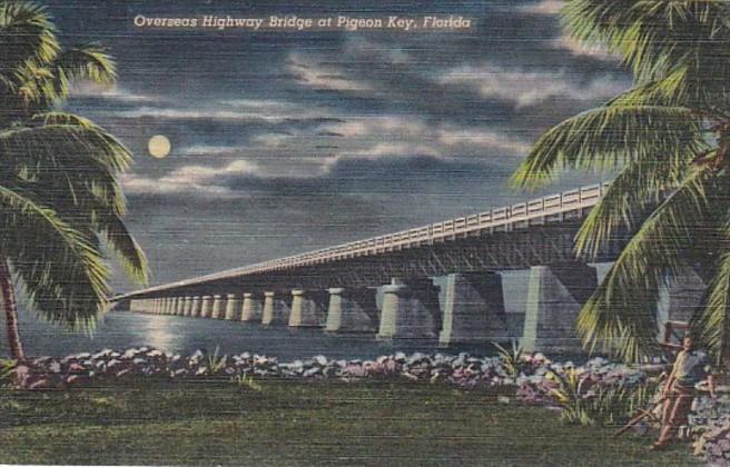 Florida Keys Overseas Highway Bridge At Pigeon Key By Moonlight 1952 Curteich