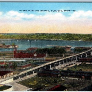 c1940s Dubuque IA Downtown Julien Bridge Railway Depot Mississippi River PC A249