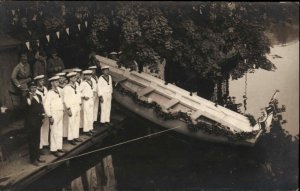 Navy Men Small Craft Boat Launch Ceremony Braunschweig Written on Back RPPC