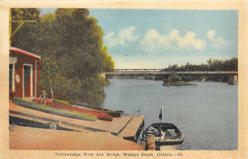 Nottawasaga River & Bridge, Wasaga Beach, Ontario, Canada ca 1930s Postcard 