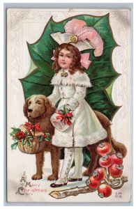 Early Merry Christmas Postcard Golden Retriever Dog Girl Fur Muff Nash C34