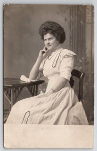 RPPC Edwardian Woman Large Gibson Girl Hair Studio Photo Postcard P29