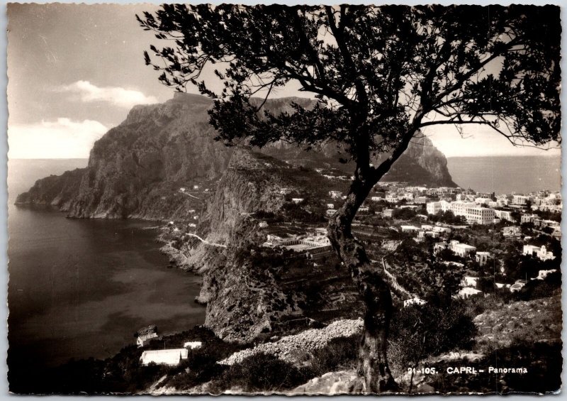 Capri - Panorama Italy Mountain Buildings Tree Real Photo RPPC Postcard