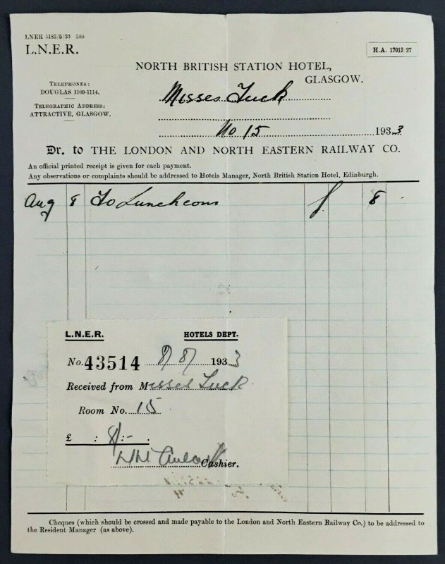 1933 North British Station Hotel Luncheon Receipt London Eastern Railway Glasgow