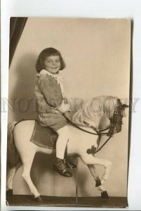 439310 Charming Boy on Big HORSE TOY Vintage REAL PHOTO postcard