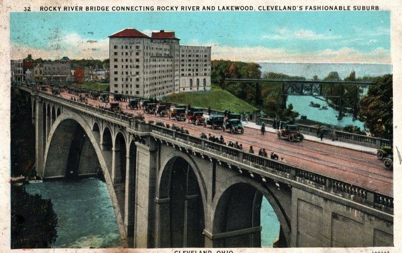 VINTAGE POSTCARD ROCKY RIVER BRIDGE ROCKY RIVER AND LAKEWOOD CLEVELAND OH 1920's