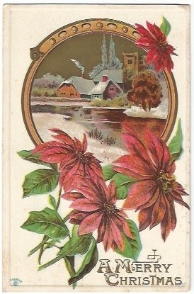 Vintage Postcard Christmas Castle Scene Red Poinsettias