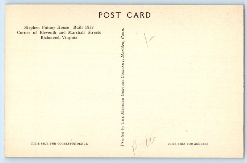 c1940 Richmond Virginia Postcard Stephen Putney House Corner Eleventh Marshall