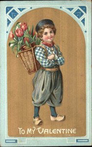Valentine Little Dutch Boy with Basket of Tulips c1910 Vintage Postcard