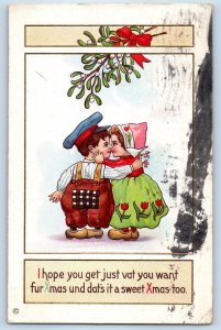 1913 Christmas Dutch Sweetheart Under Mistletoe Embossed Bath NY Posted Postcard