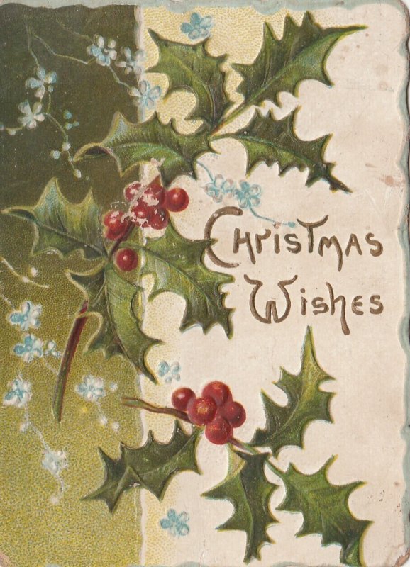 OLD ANTIQUE CHRISTMAS WISHES POSTCARD - HOLLY - EARLY 1900'S