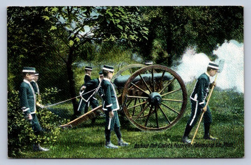 J94/ Nazareth Michigan Postcard c1910 Cadets Firing Cannon Barbour Hall 381