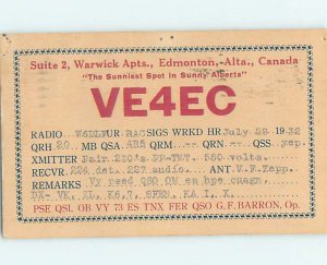 1930s QSL RADIO CARD Edmonton Alberta AB AH3249