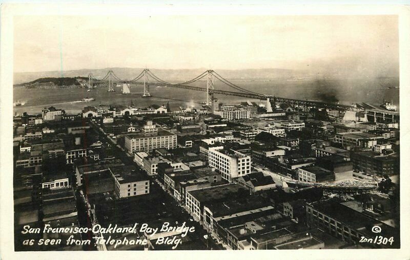 Aerial San Francisco California Oakland Bay Bridge 1930s RPPC Zan Postcard 7320 