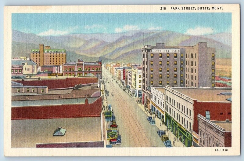 Butte Montana MT Postcard Park Street Metals Banks Trust Co., Car Lined Street