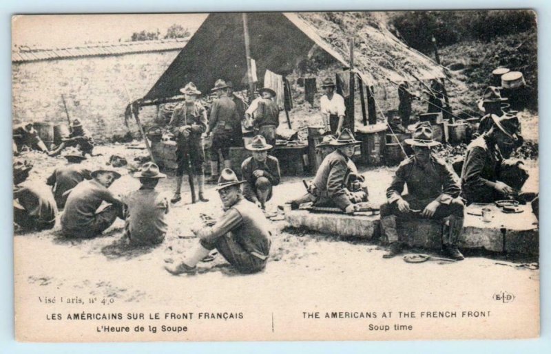 WWI Military AMERICANS at the FRENCH FRONT Soup Time c1910s Postcard