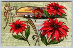 Christmas Greetings, Poinsettia, Rural Winter Scene, Antique 1916 Postcard