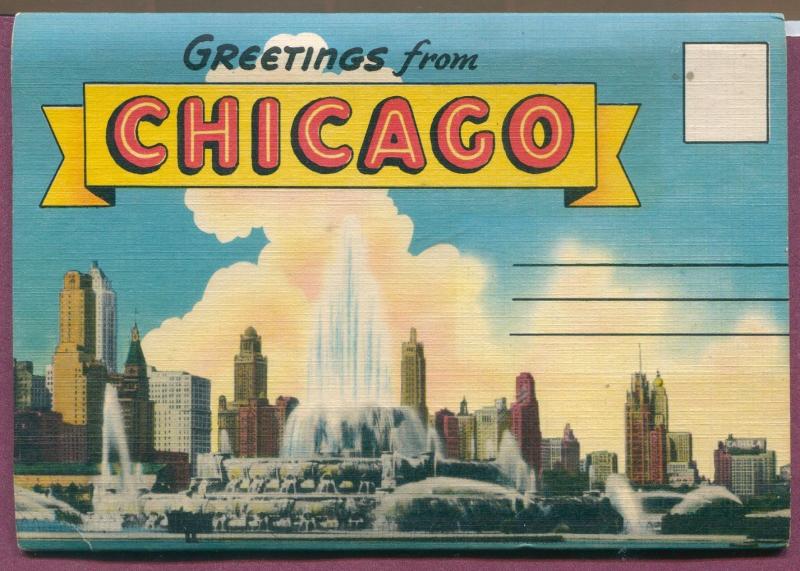 Chicago ILLinois il Fountain view skyline buildings Souvenir Postcard Folder