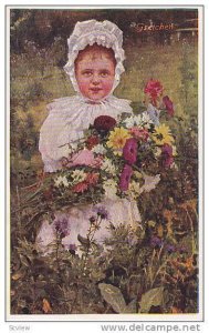 AS: Girl wearing bonnet, holding wild flowers in field, Gretchen, 10-20s