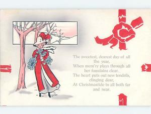 Pre-Linen christmas PRETTY WOMAN WEARING HAT WALKING IN THE SNOW hk9763