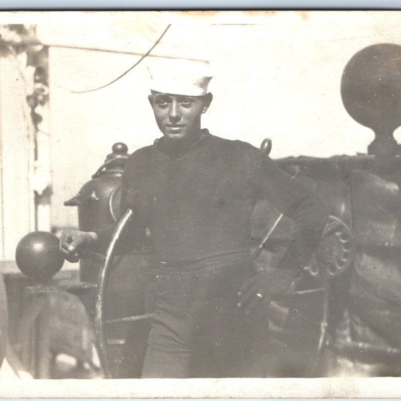 c1910s US Navy Sailor on Steam Ship RPPC Coal Stoker? Real Photo Postcard A111