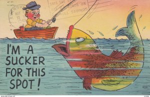 COMIC; PU-1948; I'm a Sucker For This Spot!, Man fishing, Large fish