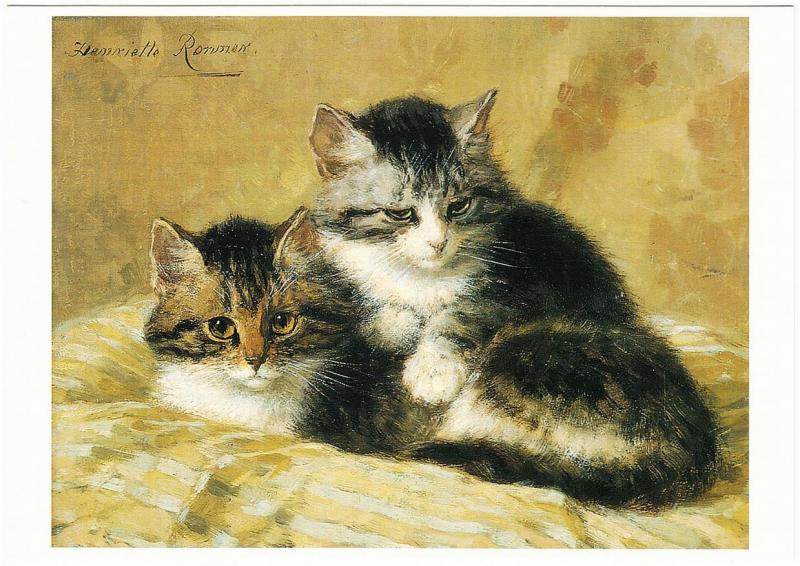 Two Kittens on a Cushion by Henriette Ronner-Knip Cat Art Postcard