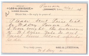 1891 Lee & Jamieson Lumber Dealers Panora Iowa IA Clinton IA Posted Postal Card 