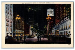 Detroit Michigan MI Postcard Washington Boulevard Moonlight Night Buildings 1940