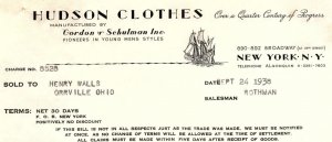 1938 HUDSON CLOTHES GORDON AND SCHULMAN N.Y. YOUNG MEN'S  BILLHEAD INVOICE Z512