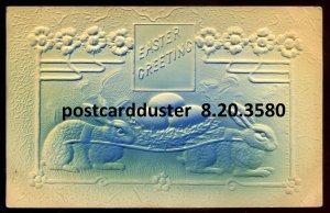 h3287 - EASTER Postcard 1908 Embossed Airbrushed Rabbits Carrying Eggs