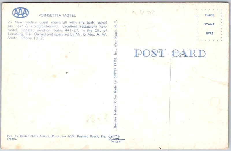 Poinsettia Motel Leesburg Florida Guest Rooms Swimming Pool Restaurant Postcard