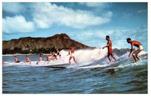 Surfing & Canoeing at Waikiki Diamond Head Back Drop Hawaii Postcard