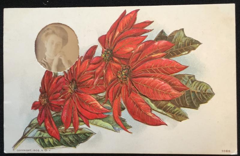 Postcard Christmas w/Inlaid Picture Never Sent But Addressed LB