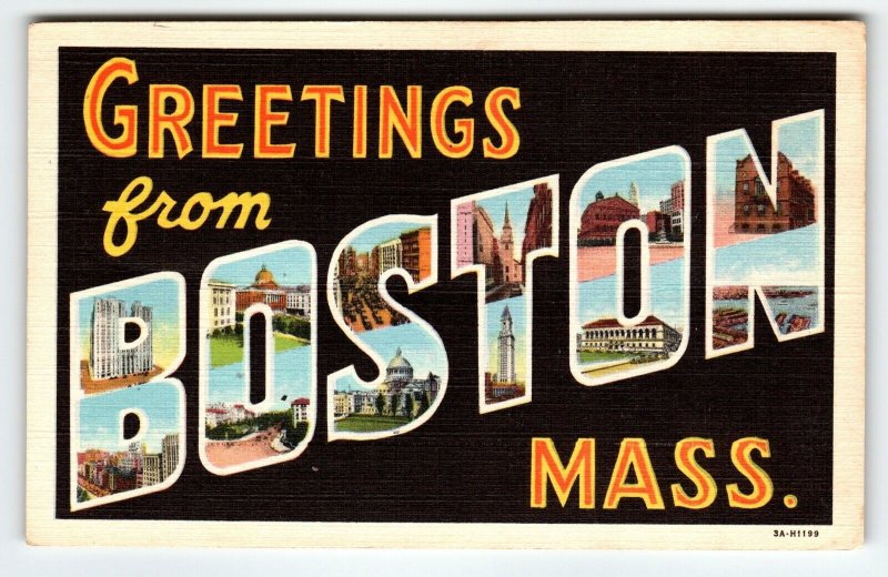 Greetings From Boston Massachusetts Large Letter Linen Postcard Curt Teich