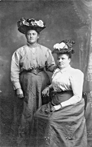 STURDY WOMEN WEARING PERIOD CLOTHING & LARGE HATS~1910s REAL PHOTO POSTCARD