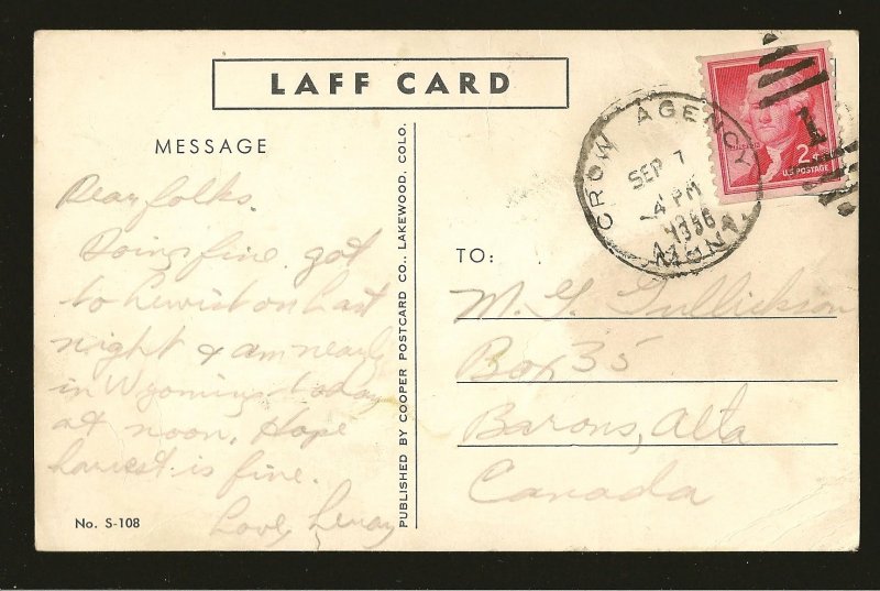 Postmark 1956 Crow Agency Montana The Salemans Laff Card Cooper Postcard