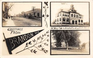 J64/ Brandon Wisconsin RPPC Pennant Postcard c1910 Main St School Park 411