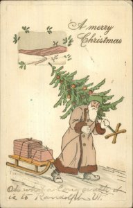 Christmas - Santa Claus Green Hat Long Brown Coat Cled Tree c1910 Postcard