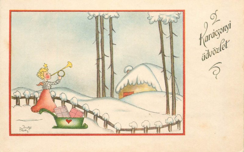 Christmas greetings artist postcard Hungary 1943 drawn trumpeter angel fantasy