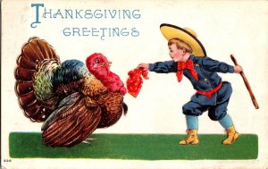 Thanksgiving Greetings, Boy Hands Turkey a Blindfold c1908 Vintage Postcard N74