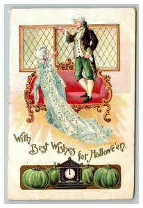 Vintage 1908 Halloween Postcard Colonial Woman Bobbing For Apple Pumpkin Clock