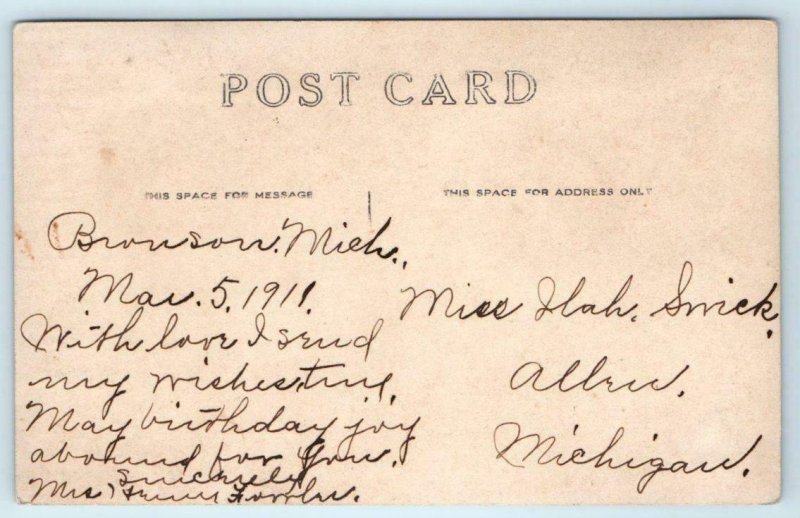 RPPC  BRONSON, Michigan  MI ~ HIGH SCHOOL  Branch County 1911   Postcard