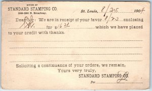 1904 St Louis, MO Standard Stamping Order Receipt Postcard Aluminum Industry A74