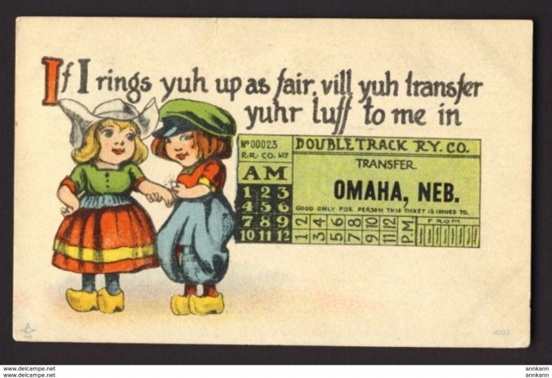 Train Ticket, Double Track RY. OMAHA, NEB. Dutch girl, boy 1914