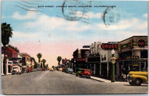 Postcard CA Oceanside - Main Street Looking South Coca-Cola Drugstore cars