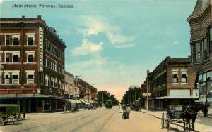 c1910 Postcard; Main Street Scene Parsons KS Labette County posted