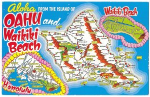 Aloha from the Island of Oahu Waikiki Beach & Honolulu Map Card Hawaii