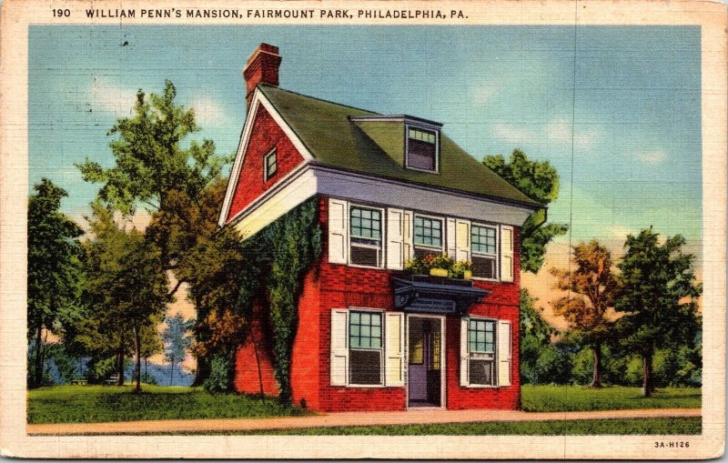 William Penns Mansion Fairmount Park Philadelphia PA Pennsylvania Linen Postcard 