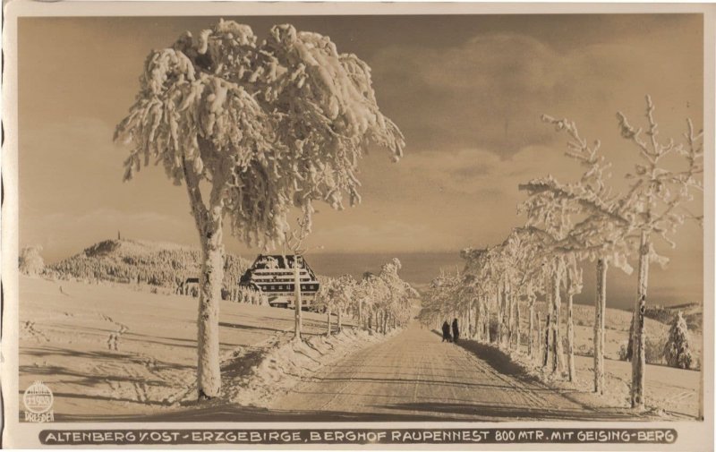 Ramblers In Snow at Ak Berghof Raupennest Altenberg German RPC Postcard